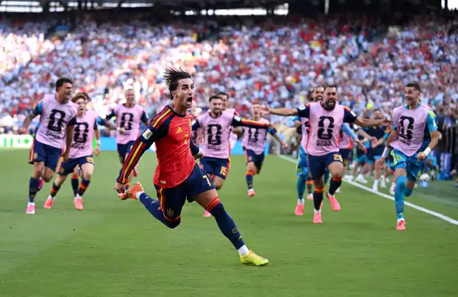 Ferrán Torres celebra gol na final da Copa do Mundo de 2026 • David Ramos/Getty Images via AFP
