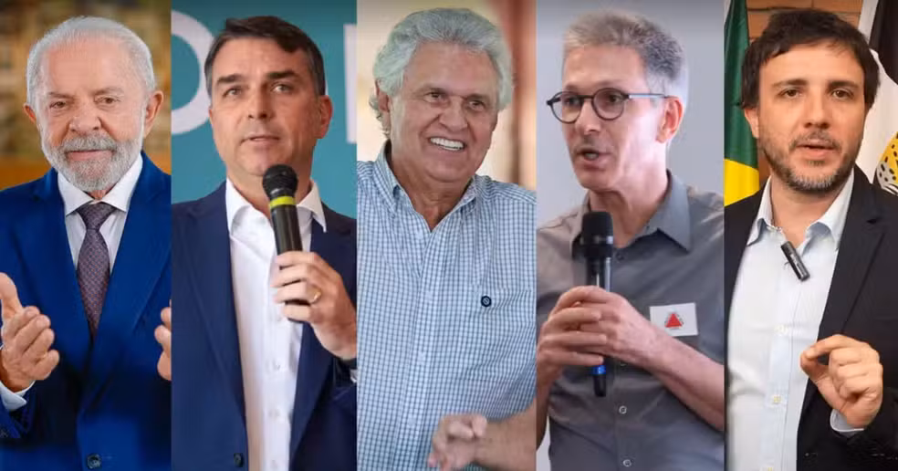 Lula, Flávio Bolsonaro, Ronaldo Caiado, Romeu Zema, Renan Santos — Foto: Ricardo Stuckert, Raul Spinassé, Cristiano Borges, Karoline Barreto e Reprodução