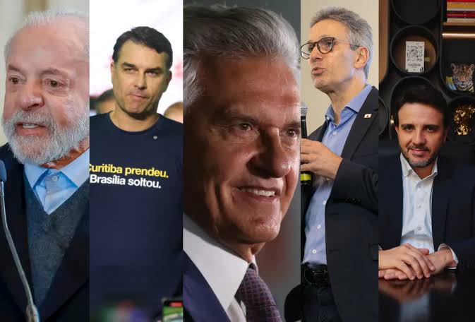 Da esquerda para a direita: Lula, Flávio Bolsonaro, Ronaldo Caiado, Romeu Zema e Renan Santos (Fotos: Divulgação)